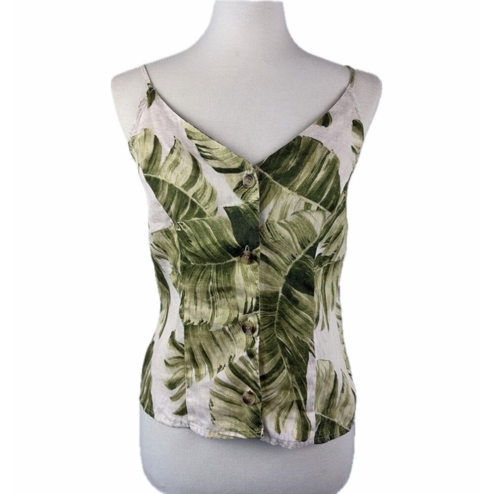 H&M 100% Linen Palm Leaf Tank Top Size S Button Front Resort Tropical Beachy